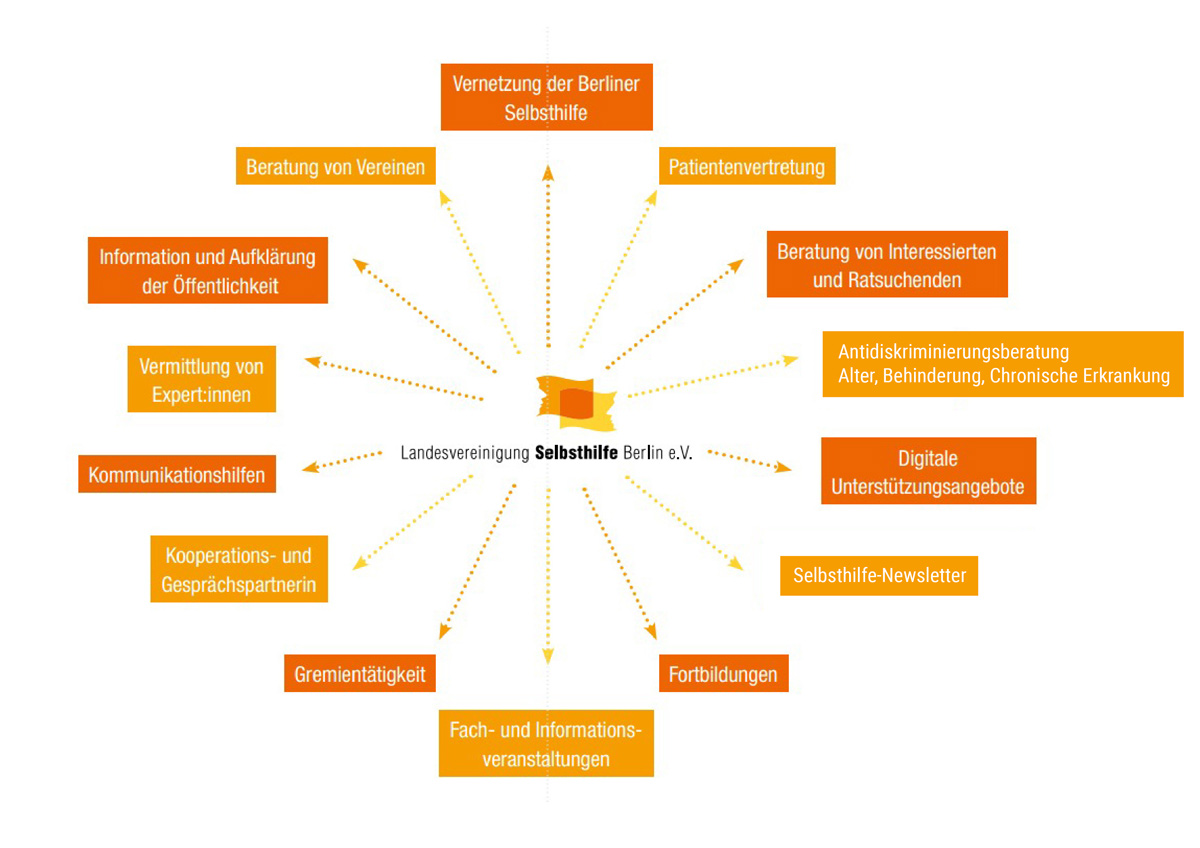  Grafik mit den Aktivitäten der LV Selbsthilfe, die einzelnen Punkte werden in der folgenden Liste erläutert. 